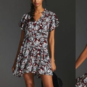 Anthropologie Robin Mini Tunic Dress tiered ruffle red white flower
